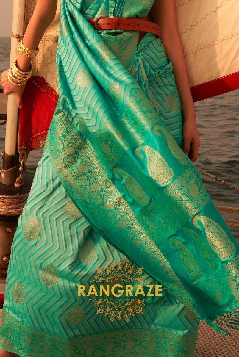 Coral Seafoam Green Dual Tone Banarasi Satin Silk Saree