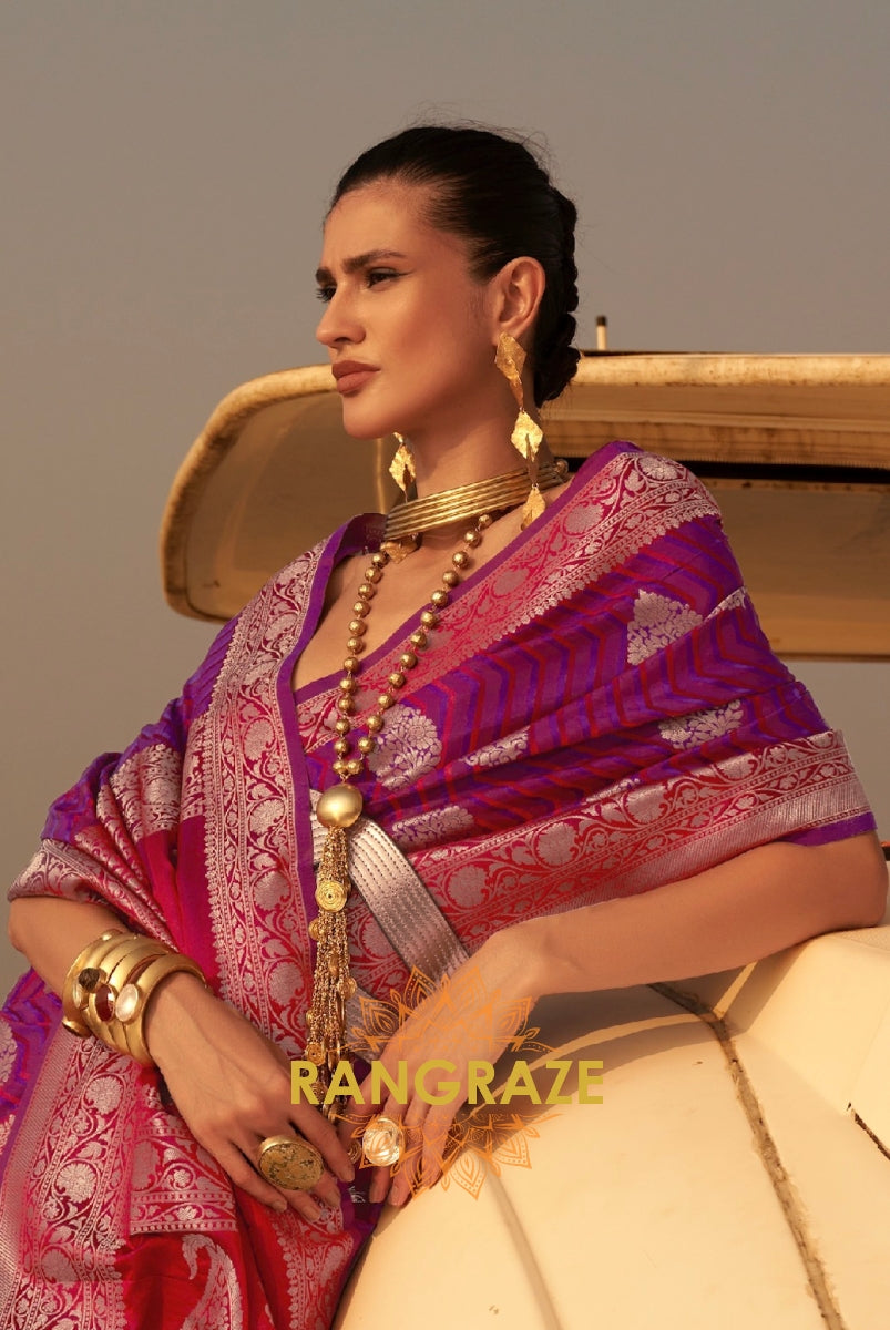 Coral Maroon Dual Tone Banarasi Satin Silk Saree