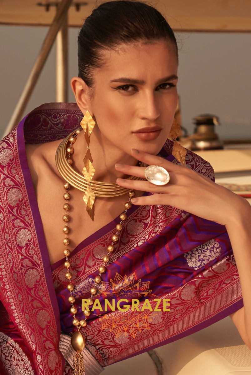 Coral Maroon Dual Tone Banarasi Satin Silk Saree
