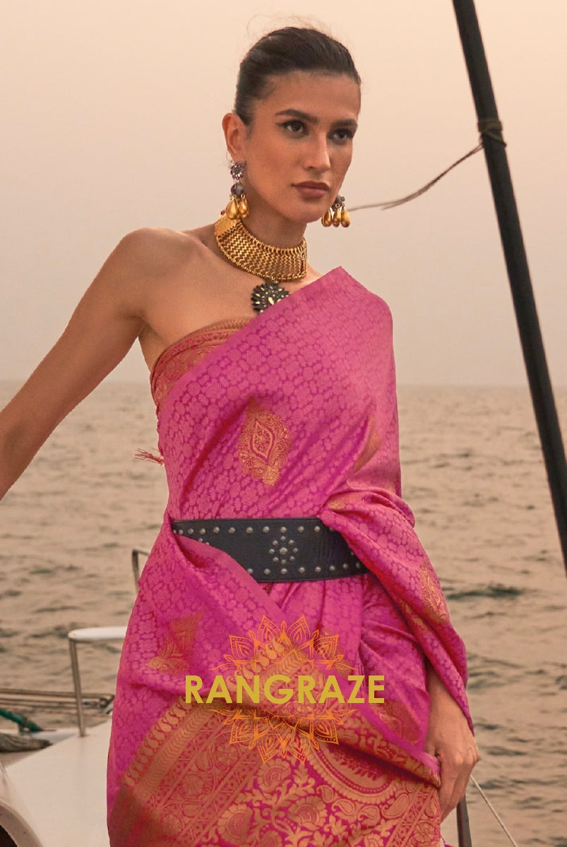 Elegant Maroon Pink Dual Tone Banarasi Satin Silk Saree