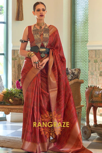 Heavy Brownish Red Woven Dual Tone Organza Silk Saree