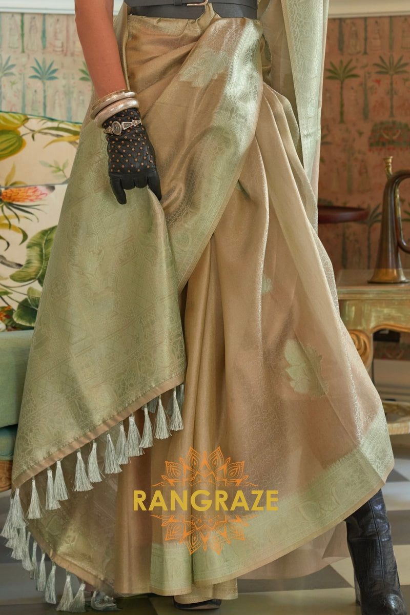 Modern Sea Green Woven Banarasi Satin Tissue Silk Saree