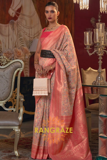 Magnetic Pinkish Orange Woven Banarasi Kashmiri Silk Saree