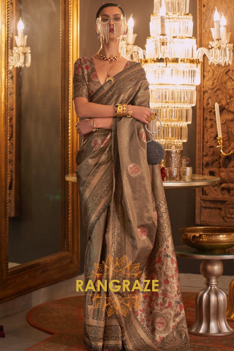 Mustard Yellow Golden Dual Tone Woven Banarasi Silk Saree