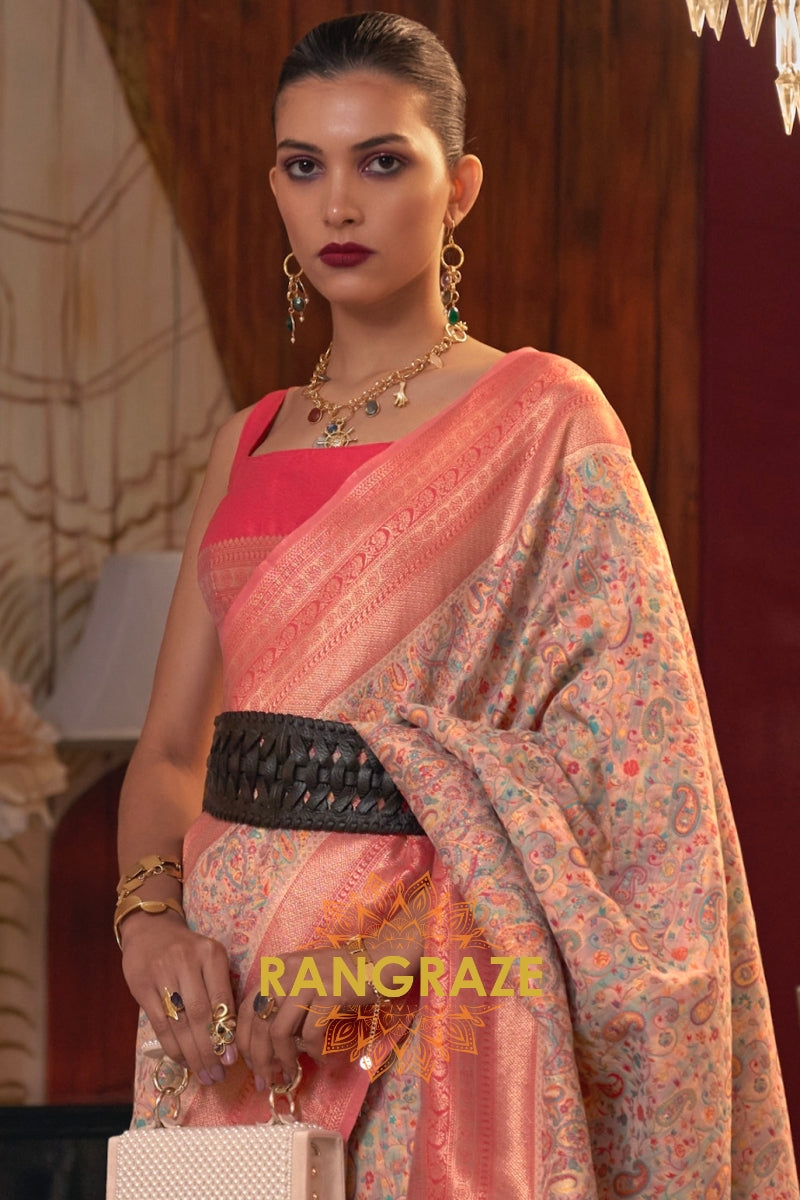 Magnetic Pinkish Orange Woven Banarasi Kashmiri Silk Saree