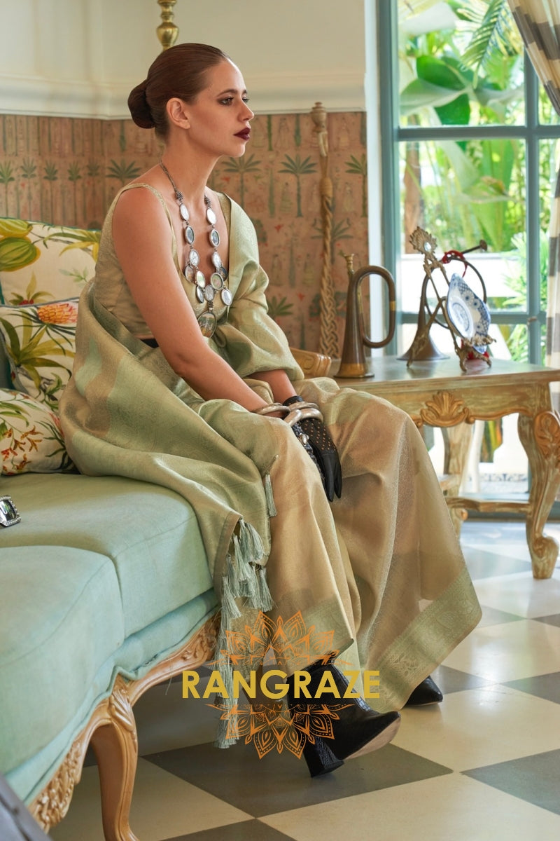 Modern Sea Green Woven Banarasi Satin Tissue Silk Saree