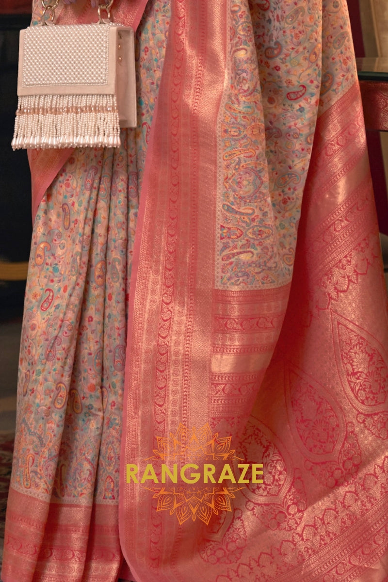 Magnetic Pinkish Orange Woven Banarasi Kashmiri Silk Saree
