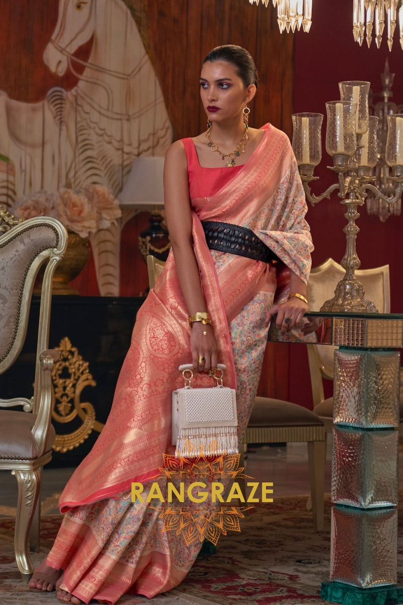 Magnetic Pinkish Orange Woven Banarasi Kashmiri Silk Saree