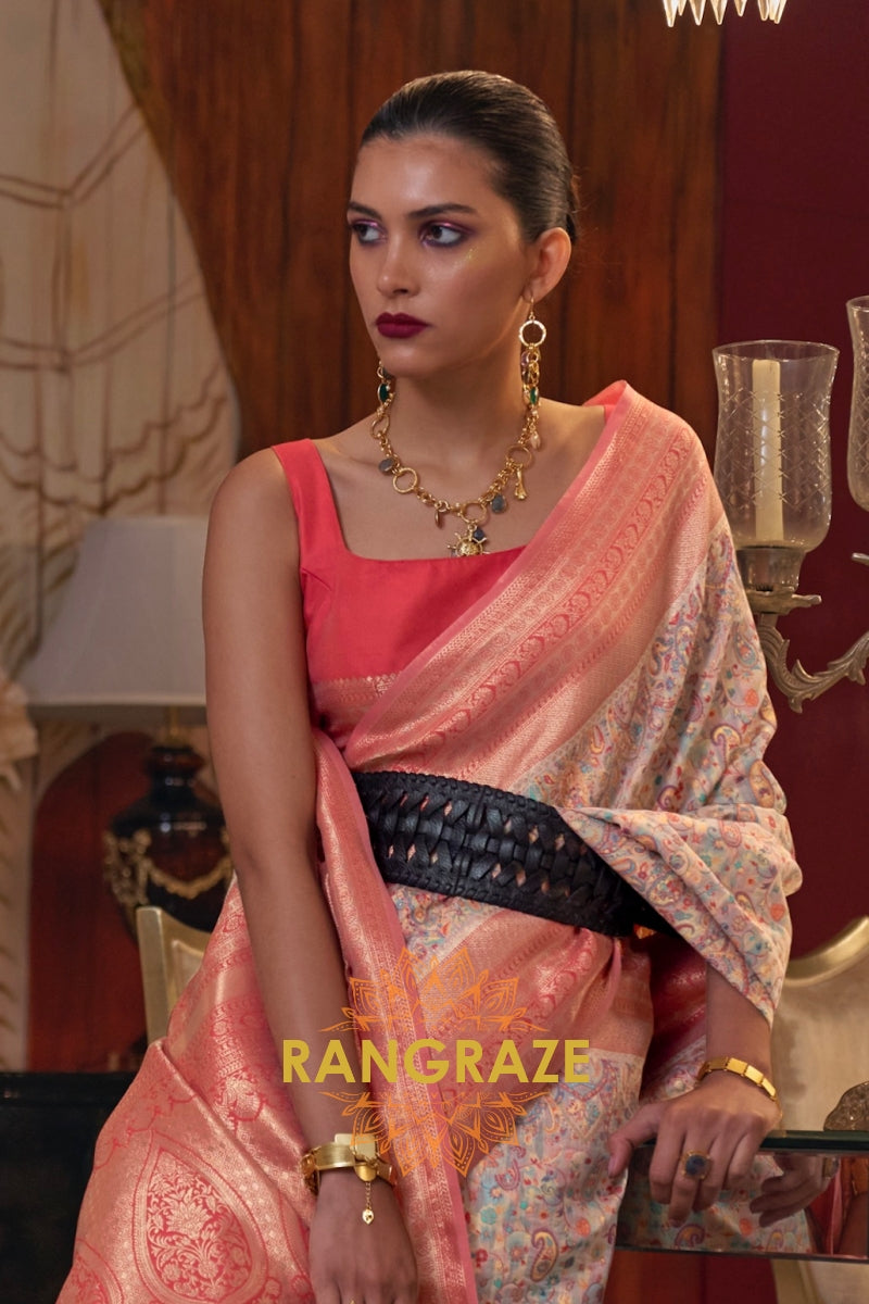 Magnetic Pinkish Orange Woven Banarasi Kashmiri Silk Saree