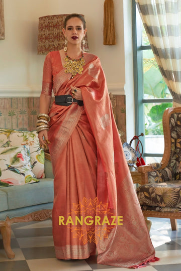 Modern Peach Orange Woven Banarasi Satin Tissue Silk Saree