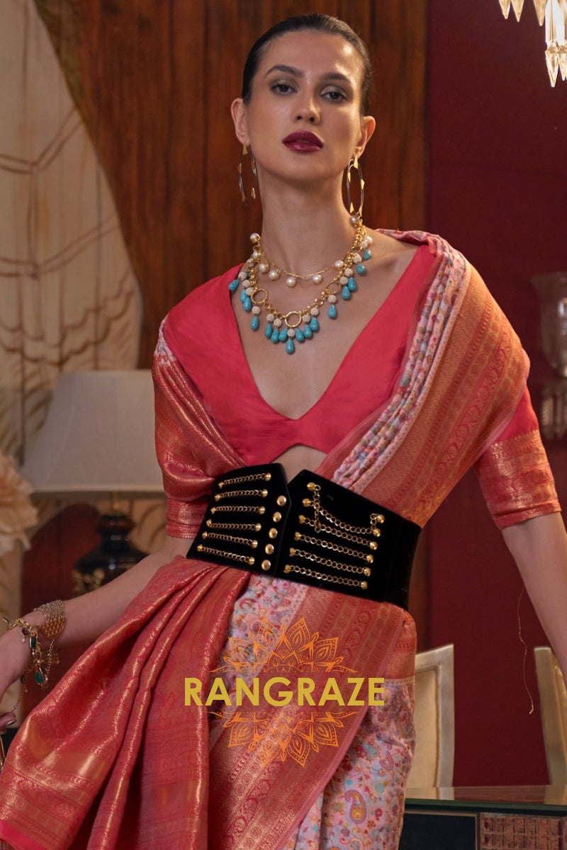 Magnetic Baby Pink Woven Banarasi Kashmiri Silk Saree
