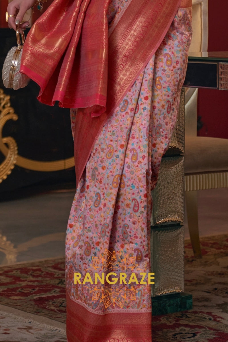 Magnetic Baby Pink Woven Banarasi Kashmiri Silk Saree