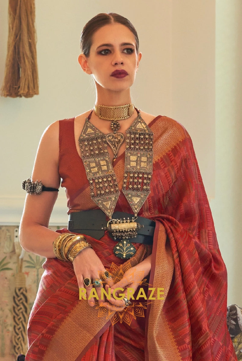 Heavy Brownish Red Woven Dual Tone Organza Silk Saree