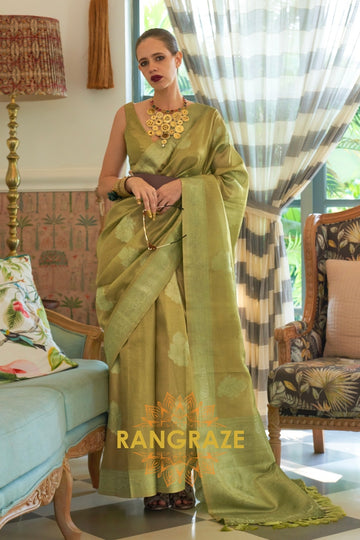 Modern Parrot Green Woven Banarasi Satin Tissue Silk Saree