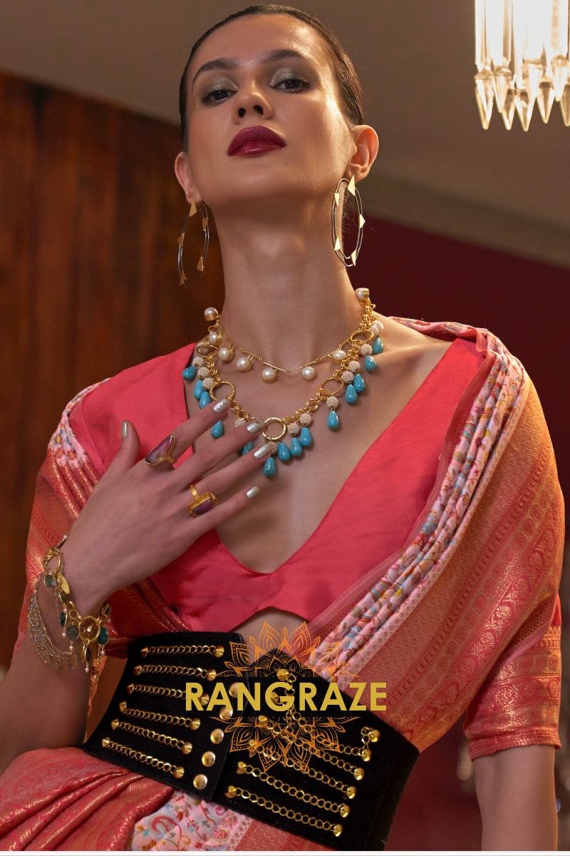 Magnetic Baby Pink Woven Banarasi Kashmiri Silk Saree