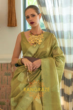 Modern Parrot Green Woven Banarasi Satin Tissue Silk Saree
