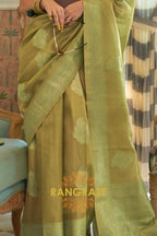 Modern Parrot Green Woven Banarasi Satin Tissue Silk Saree