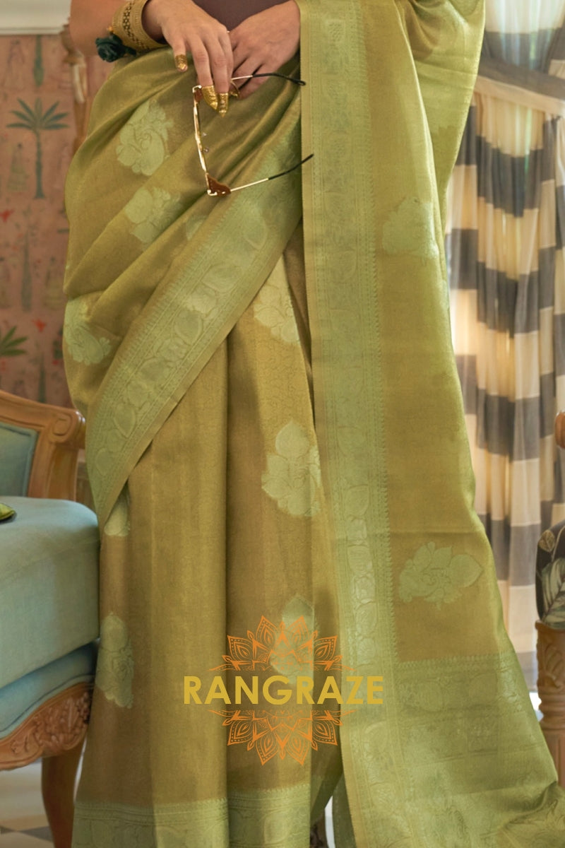 Modern Parrot Green Woven Banarasi Satin Tissue Silk Saree