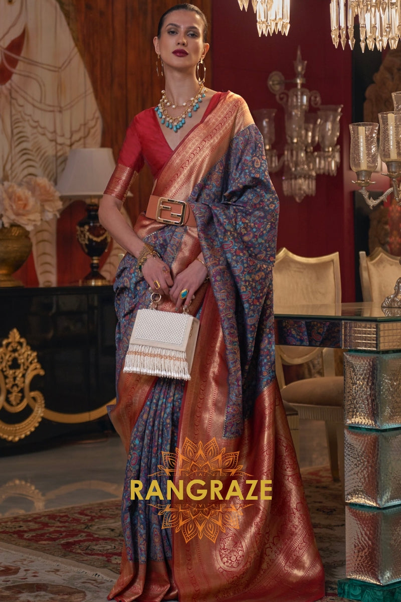 Magnetic Blue Woven Banarasi Kashmiri Silk Saree