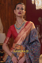 Magnetic Blue Woven Banarasi Kashmiri Silk Saree