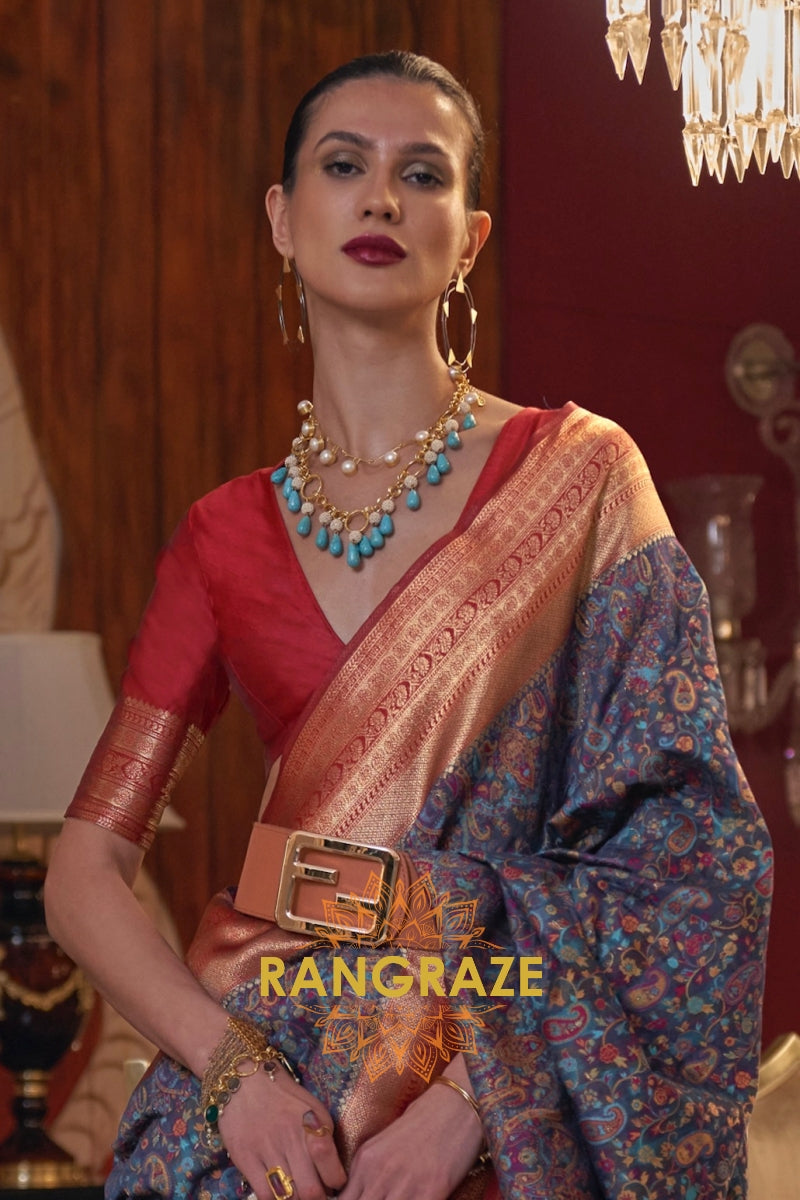 Magnetic Blue Woven Banarasi Kashmiri Silk Saree