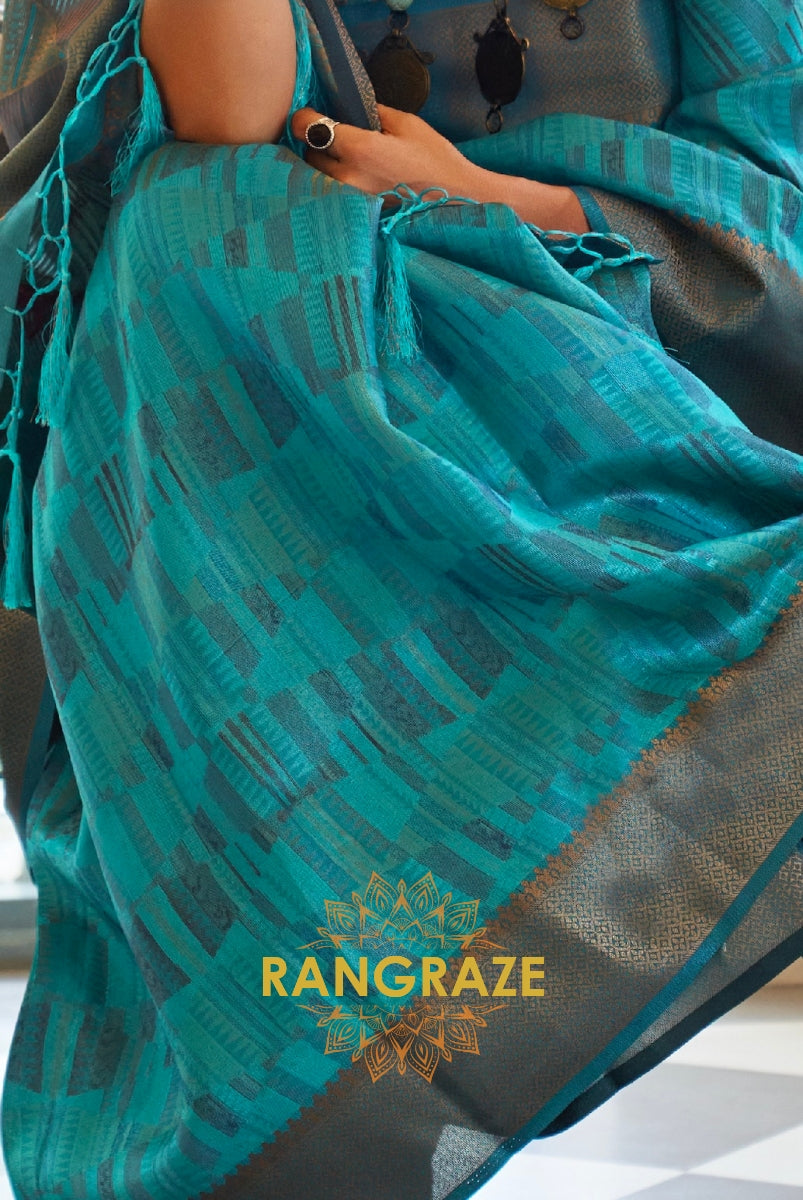 Heavy Turquoise Blue Woven Dual Tone Organza Silk Saree