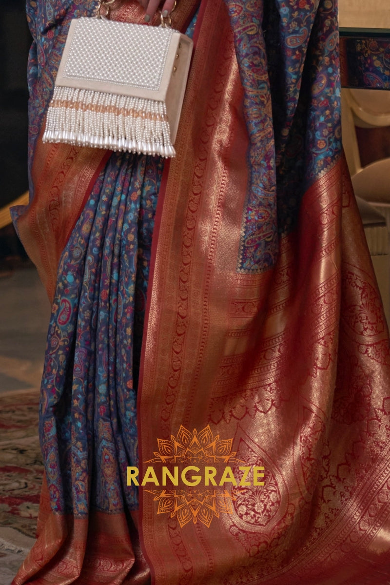 Magnetic Blue Woven Banarasi Kashmiri Silk Saree