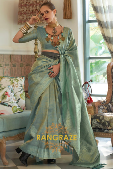 Modern Turquoise Blue Woven Banarasi Satin Tissue Silk Saree