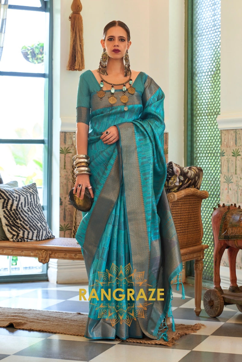 Heavy Turquoise Blue Woven Dual Tone Organza Silk Saree