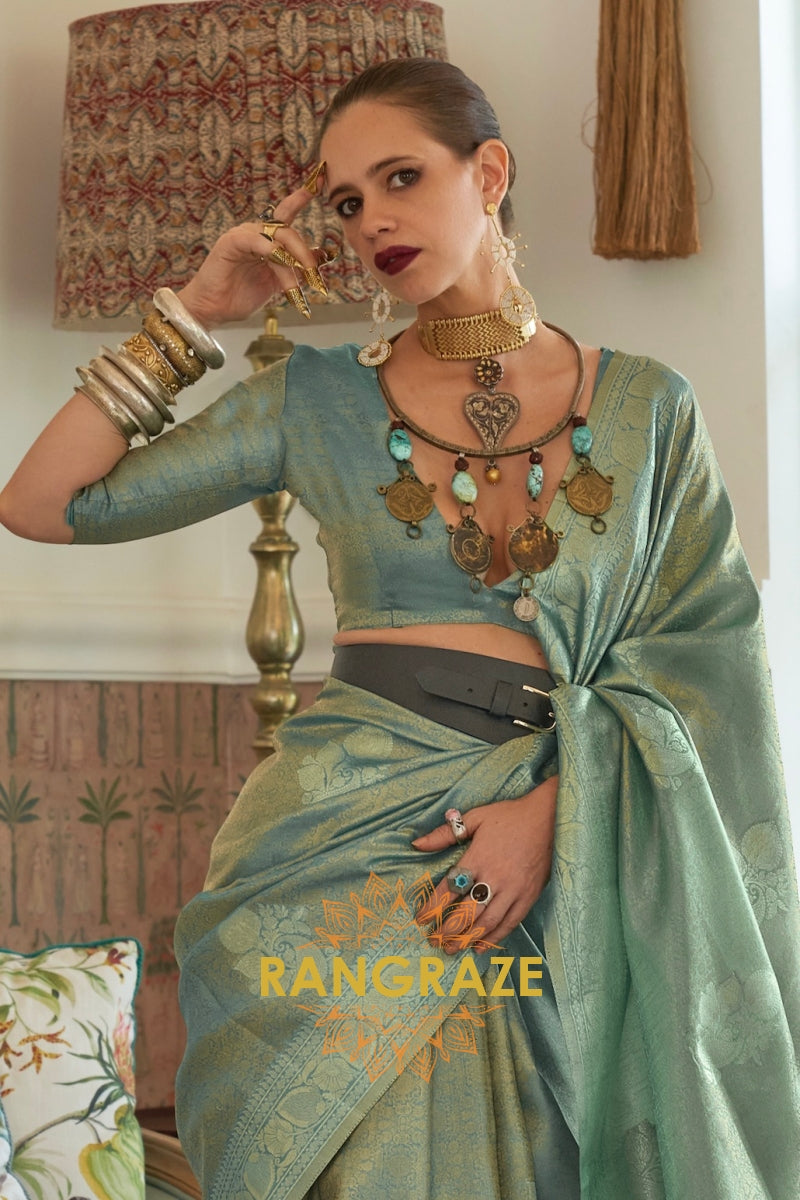 Modern Turquoise Blue Woven Banarasi Satin Tissue Silk Saree