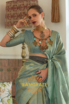 Modern Turquoise Blue Woven Banarasi Satin Tissue Silk Saree