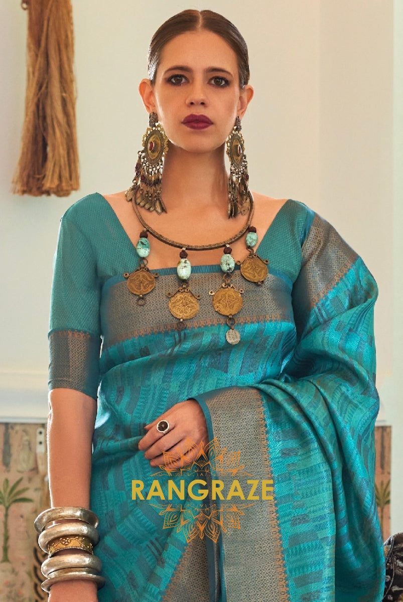 Heavy Turquoise Blue Woven Dual Tone Organza Silk Saree