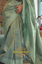 Modern Turquoise Blue Woven Banarasi Satin Tissue Silk Saree