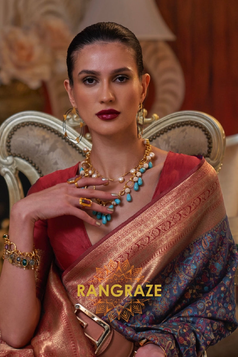 Magnetic Blue Woven Banarasi Kashmiri Silk Saree