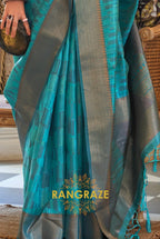 Heavy Turquoise Blue Woven Dual Tone Organza Silk Saree