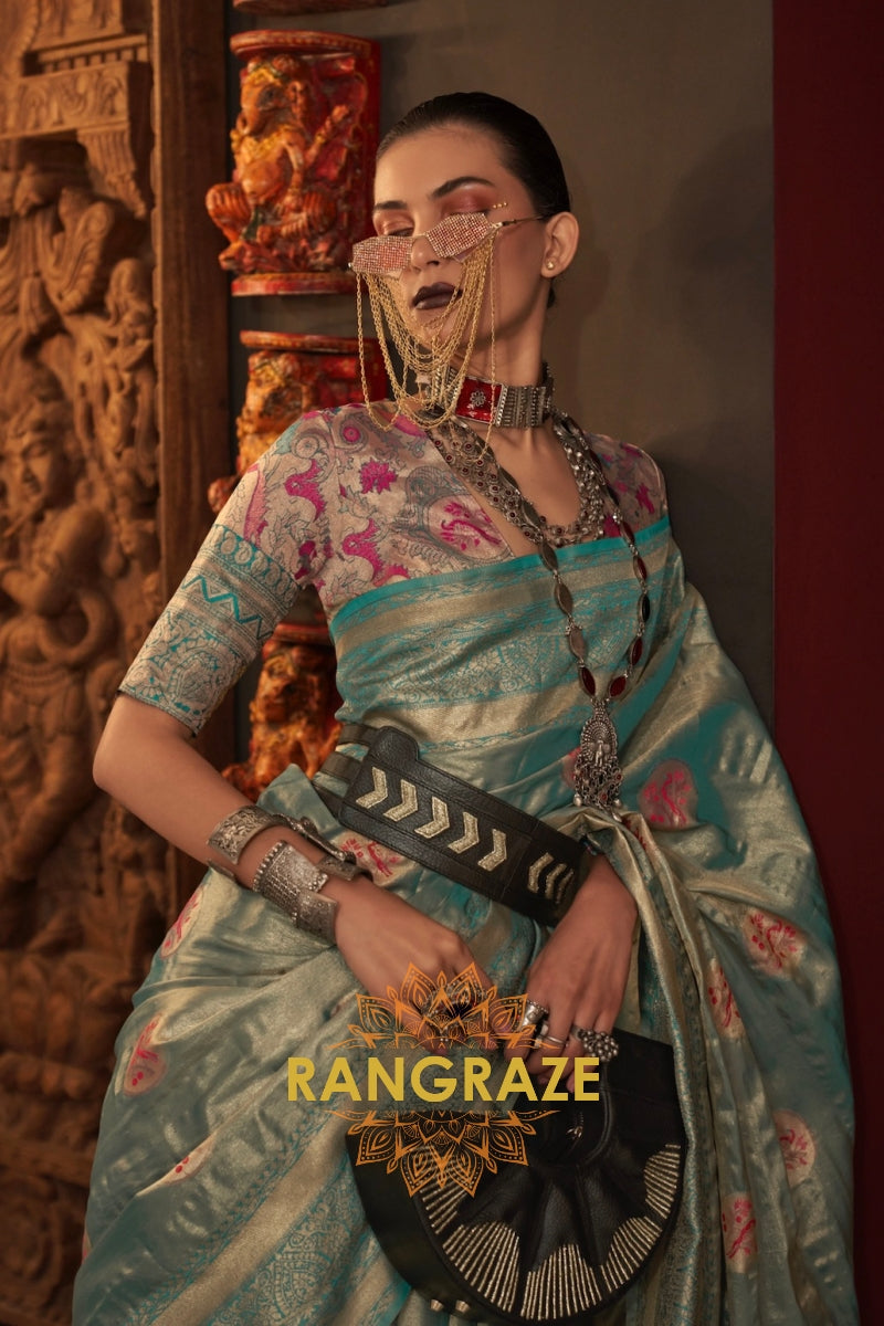 Majestic Turquoise Dual Tone Woven Banarasi Silk Saree