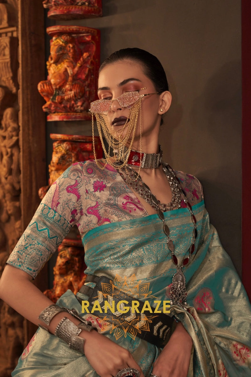 Majestic Turquoise Dual Tone Woven Banarasi Silk Saree