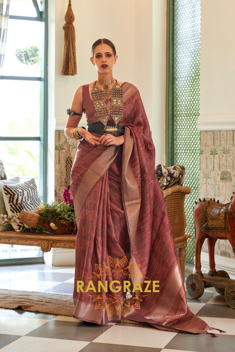 Heavy Brownish Woven Dual Tone Organza Silk Saree