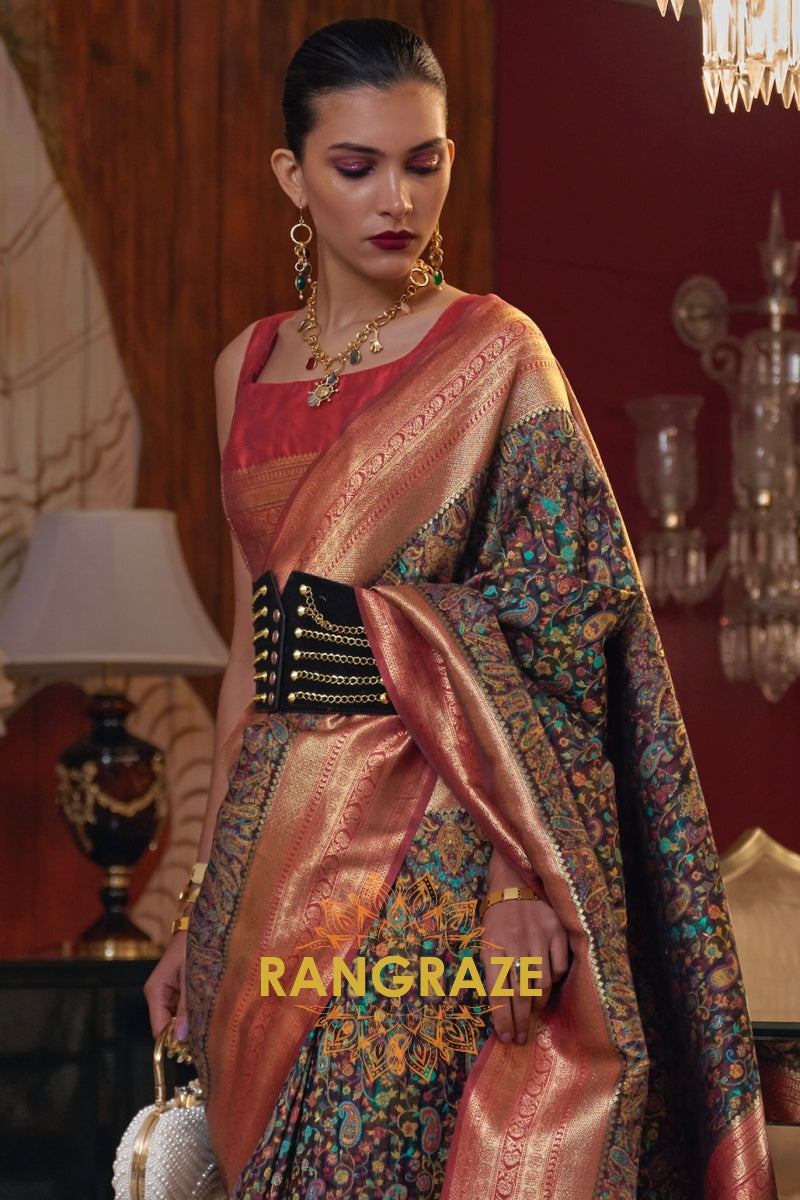 Magnetic Black Woven Banarasi Kashmiri Silk Saree
