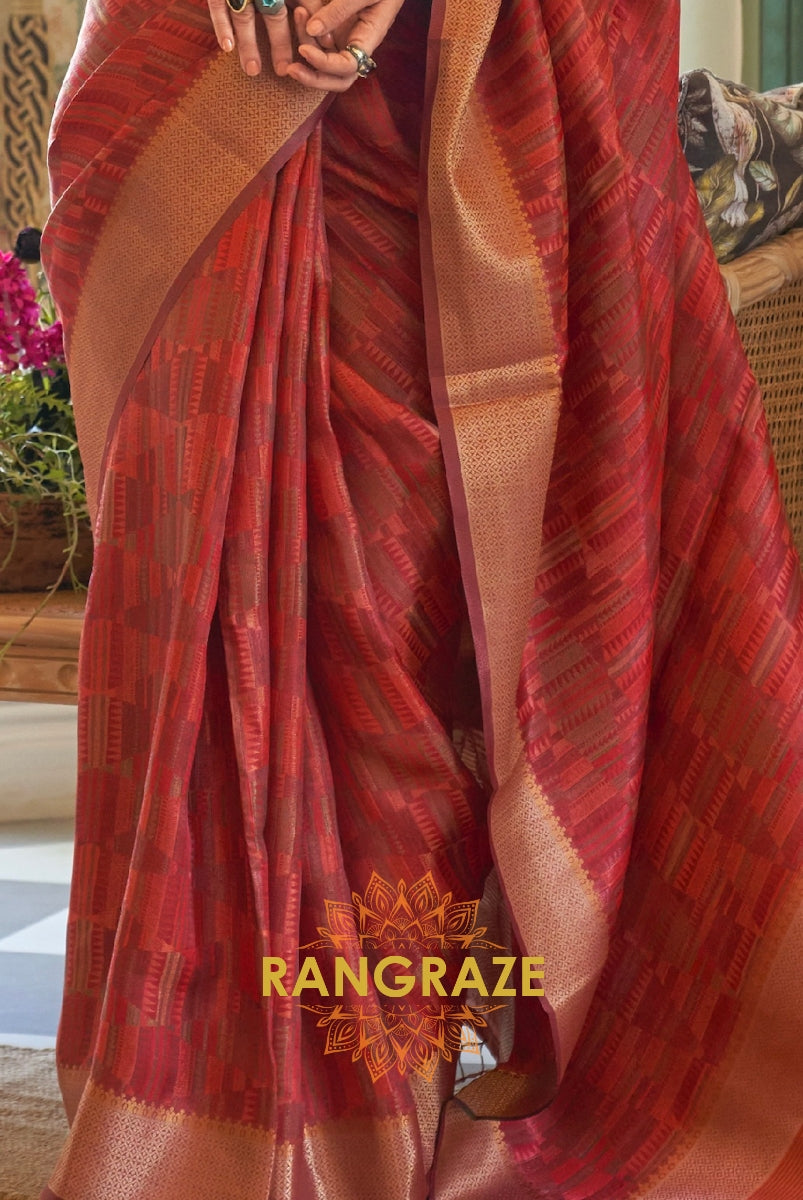 Heavy Brownish Red Woven Dual Tone Organza Silk Saree