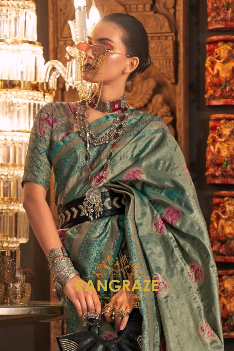 Majestic Turquoise Dual Tone Woven Banarasi Silk Saree