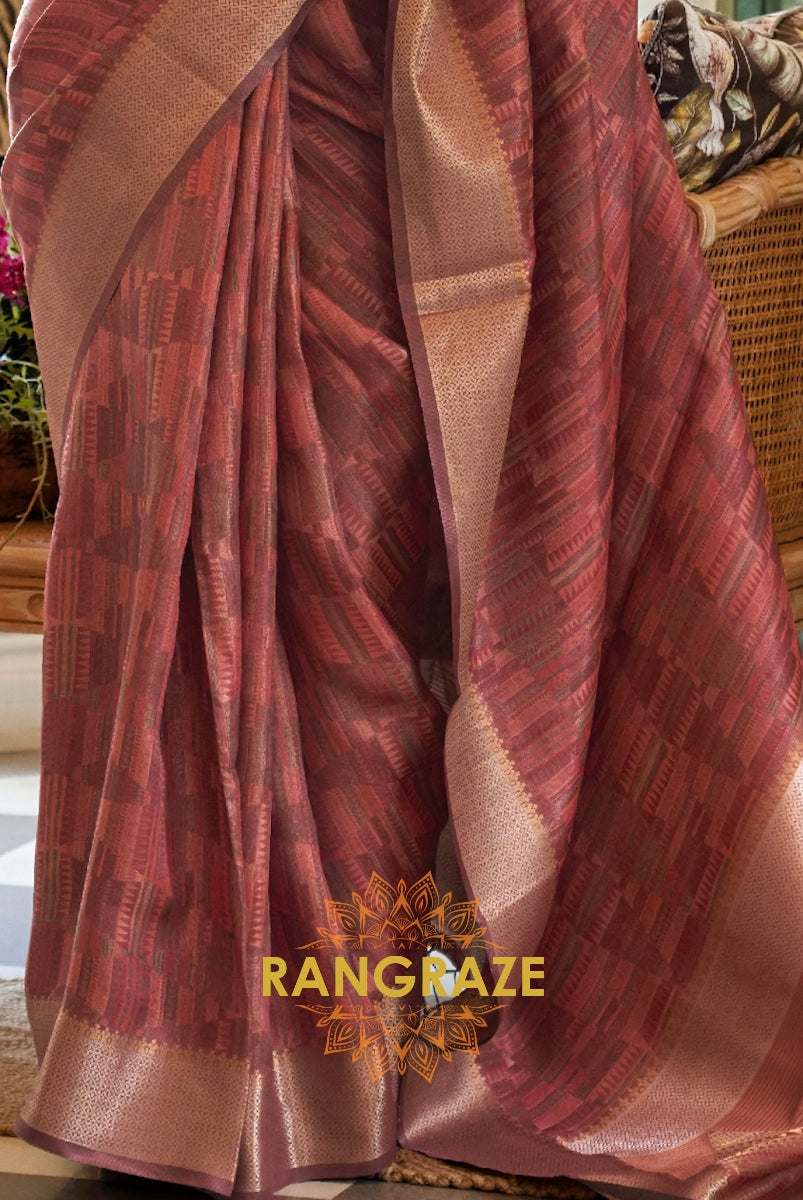 Heavy Brownish Woven Dual Tone Organza Silk Saree