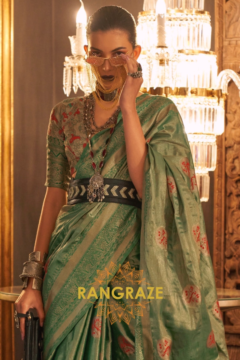Majestic Green Dual Tone Woven Banarasi Silk Saree