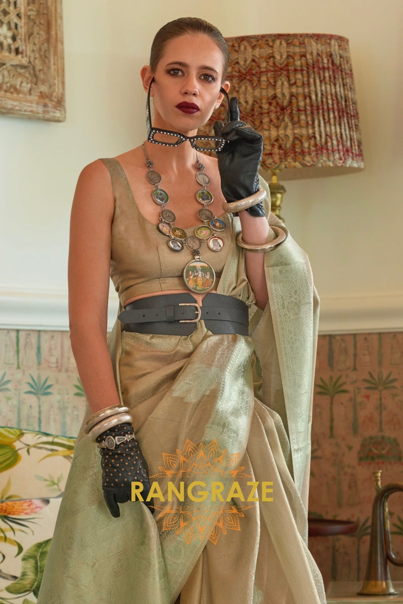 Modern Sea Green Woven Banarasi Satin Tissue Silk Saree