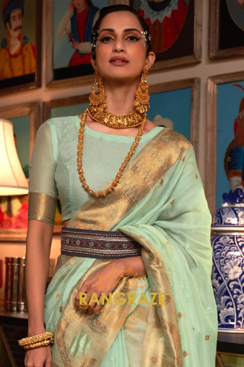 Regent Green Woven Banarasi Organza Silk Saree