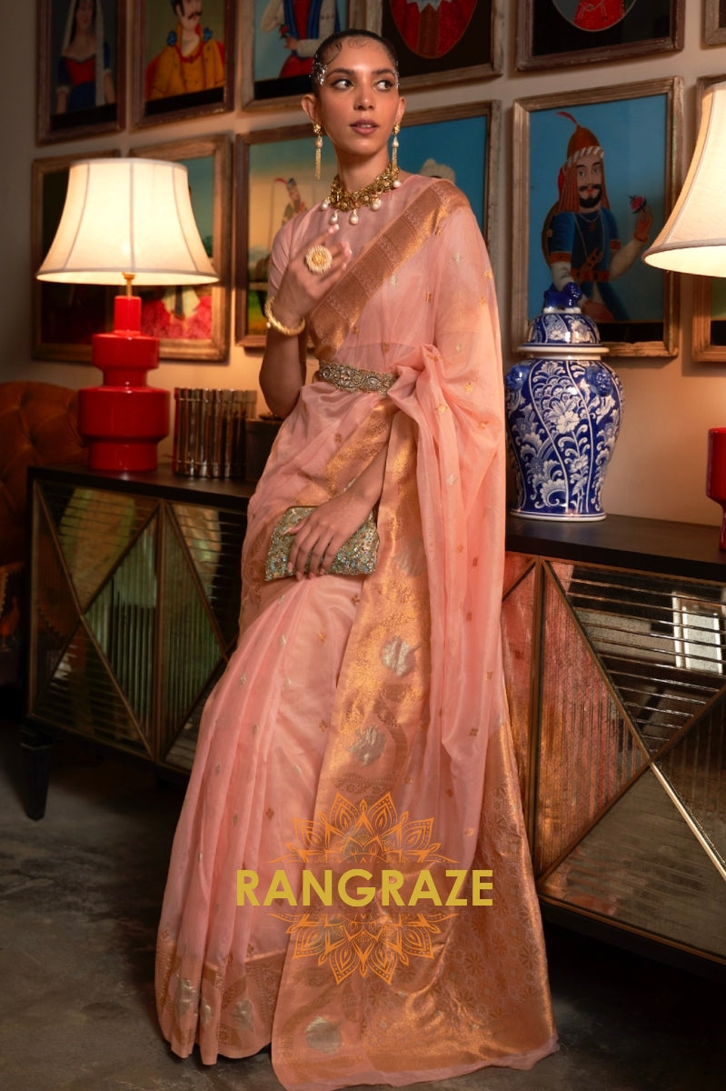 Regent Peach Pink Woven Banarasi Organza Silk Saree