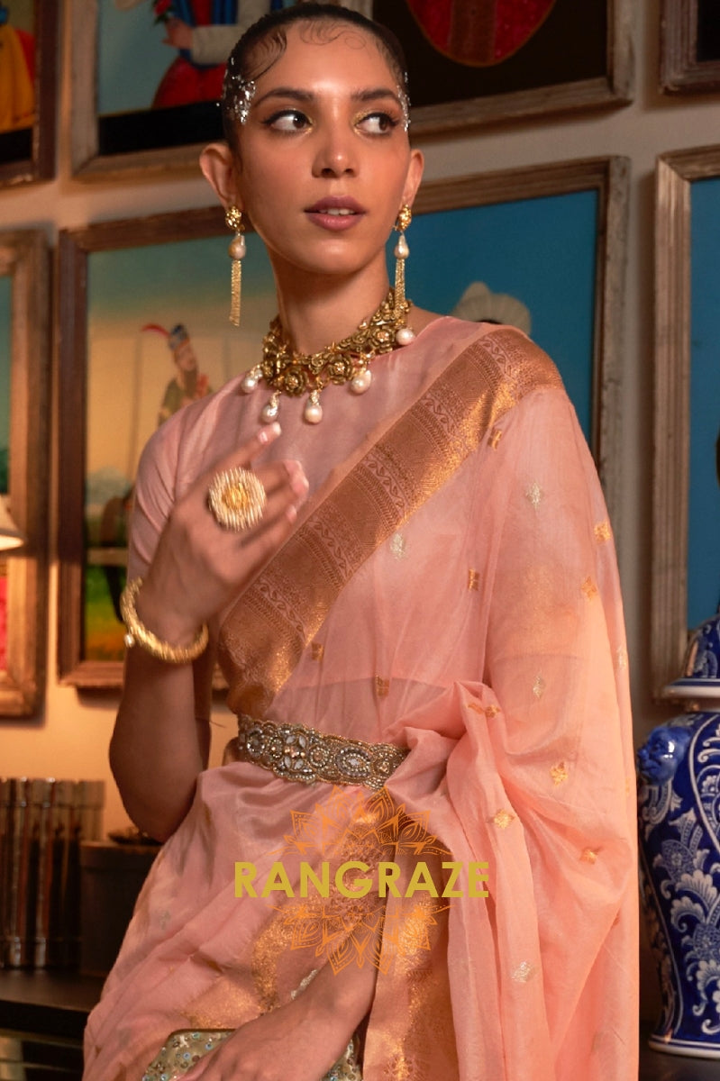 Regent Peach Pink Woven Banarasi Organza Silk Saree