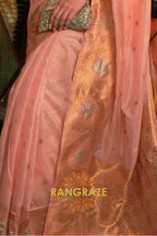 Regent Peach Pink Woven Banarasi Organza Silk Saree