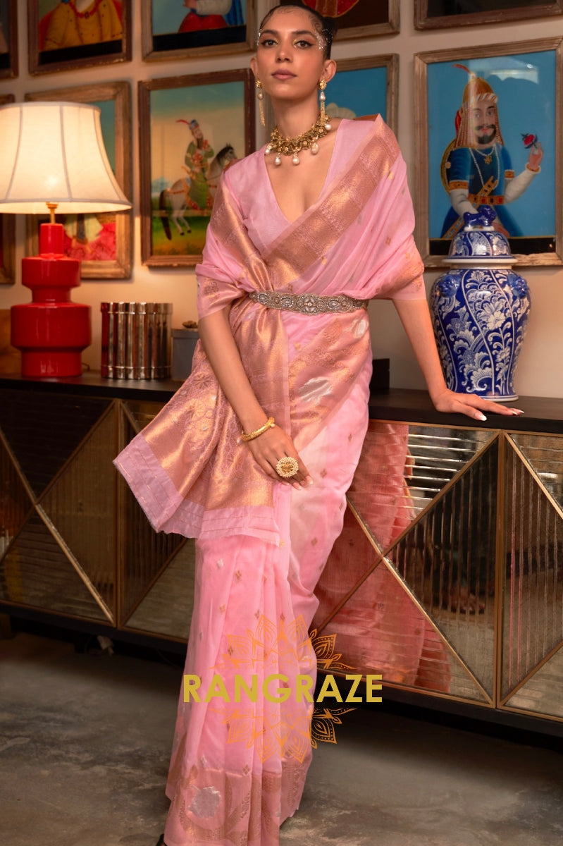 Regent Pink Woven Banarasi Organza Silk Saree