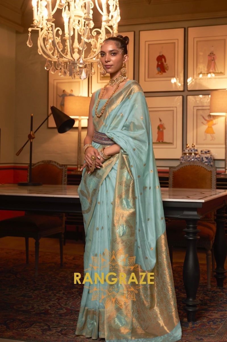 Regent Turquoise Blue Woven Banarasi Organza Silk Saree